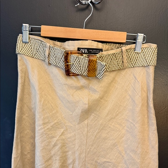 Zara Neutral Beige A-Line Linen Midi Skirt with Woven Belt sz XL - Picture 3 of 4